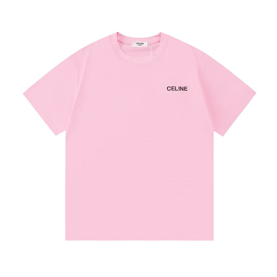 Celine 2026 official website New Arrival Imported machine high-density embroidered small letters logo Men's and women's Same Style short-sleeved T-shirt ·Customized 300 grams of 100% double yarn pure cotton fabric ·Defined dyeing of 32 double-strand threads ·Collar label, hangtag, main mark and three labels complete Color: Pink Size: XS S M L